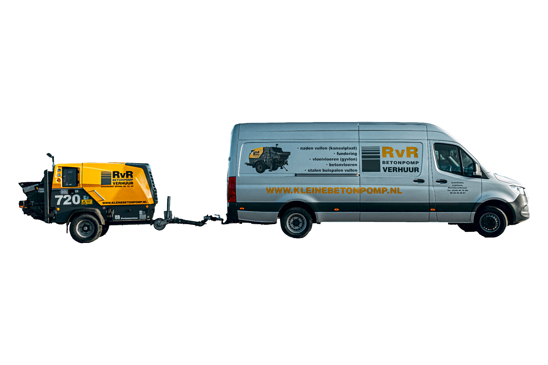 Bedrijfsbus met aanhanger en betonpomp, jouw eigen set